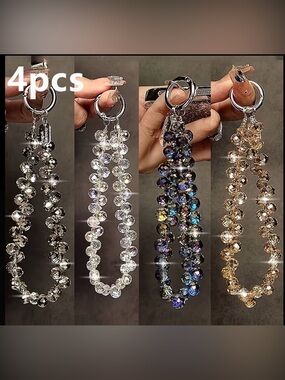 4 Crystal Bead Bracelet phone strap/ Keychains - (Silver, Clear, Aurora, Gold)